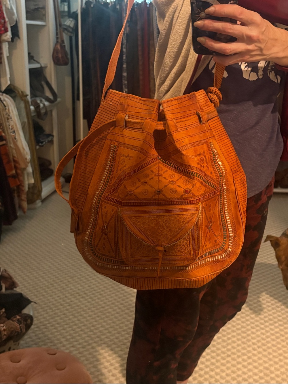 Handcrafted Orange Leather Drawstring Bucket Bag